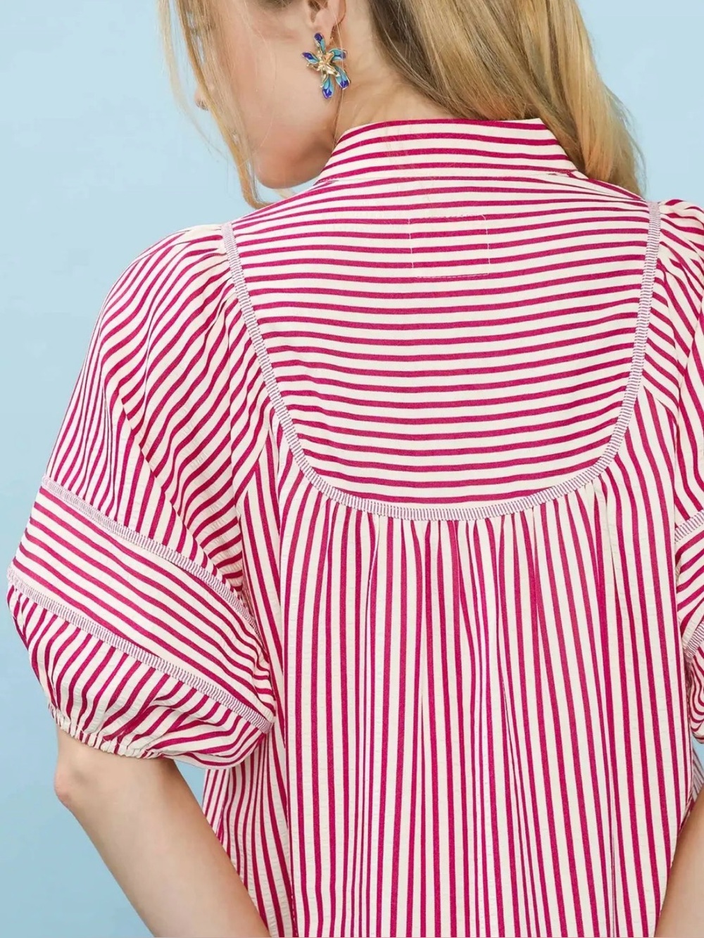 Umgee Striped Puff Sleeve Babydoll Top - Picture 3 of 6